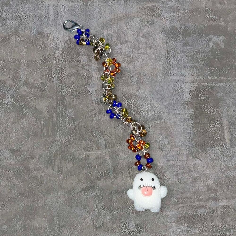Handcrafted Fuggler Charm 5.5" Silver Multicolor Beaded Keychain